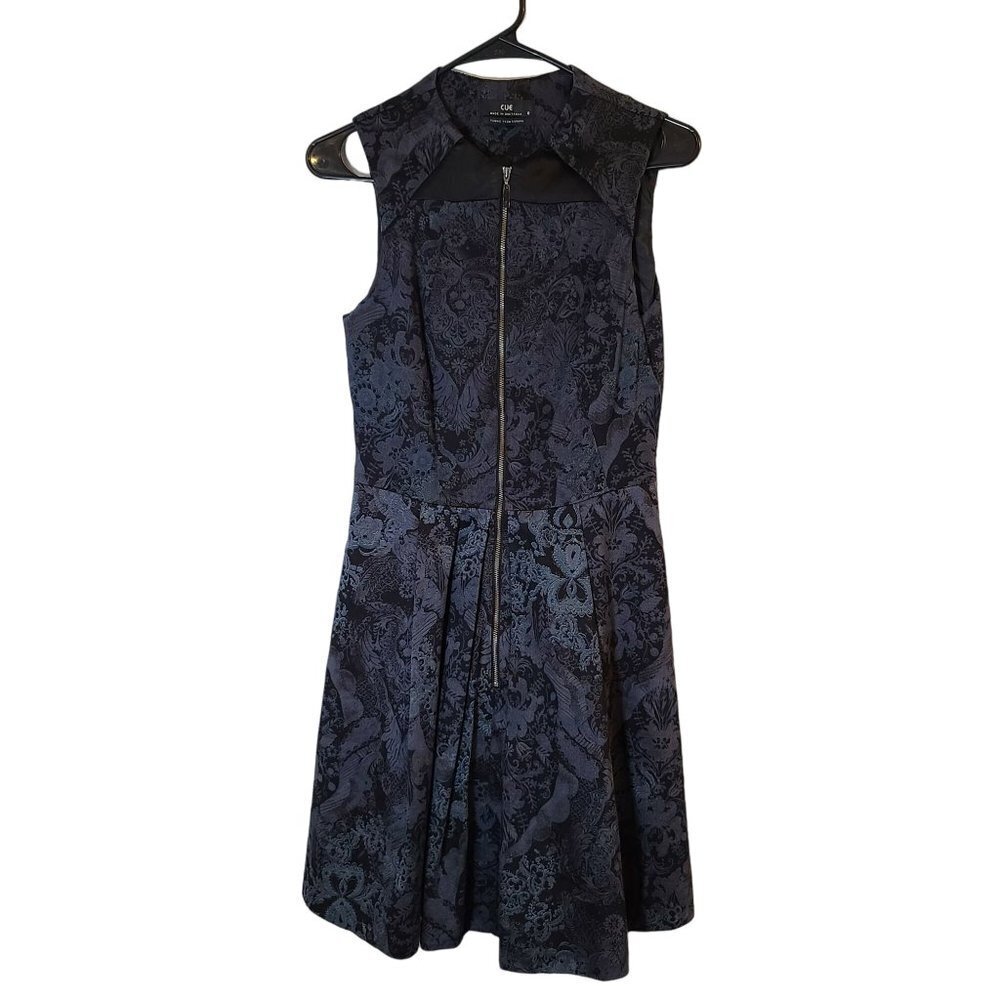 Cue Australia A-Line Dress Zip Front Sleeveless Pockets Navy Jacquard AU 8/ US 6